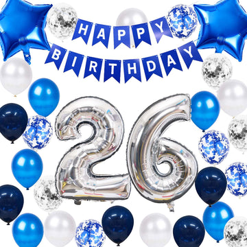 26Th Birthday Party Decoration Blue For Men, Happy Birthday Banner Blue Number 26 Birthday Star Foil Balloons Latex Confetti Bal