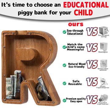 Ladenk 12 Inch Extra Large Wooden Kids Letter Piggy Bank - Piggy Bank For Boys Girls - Initial R Bank - Alphabet Money Bank For Birthday