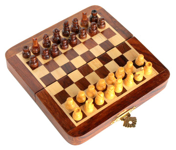 Stonkraft - 7'' X 7'' - Wooden Travel Folding Small Chess Game Board Set + Wooden Magnetic Crafted Pieces