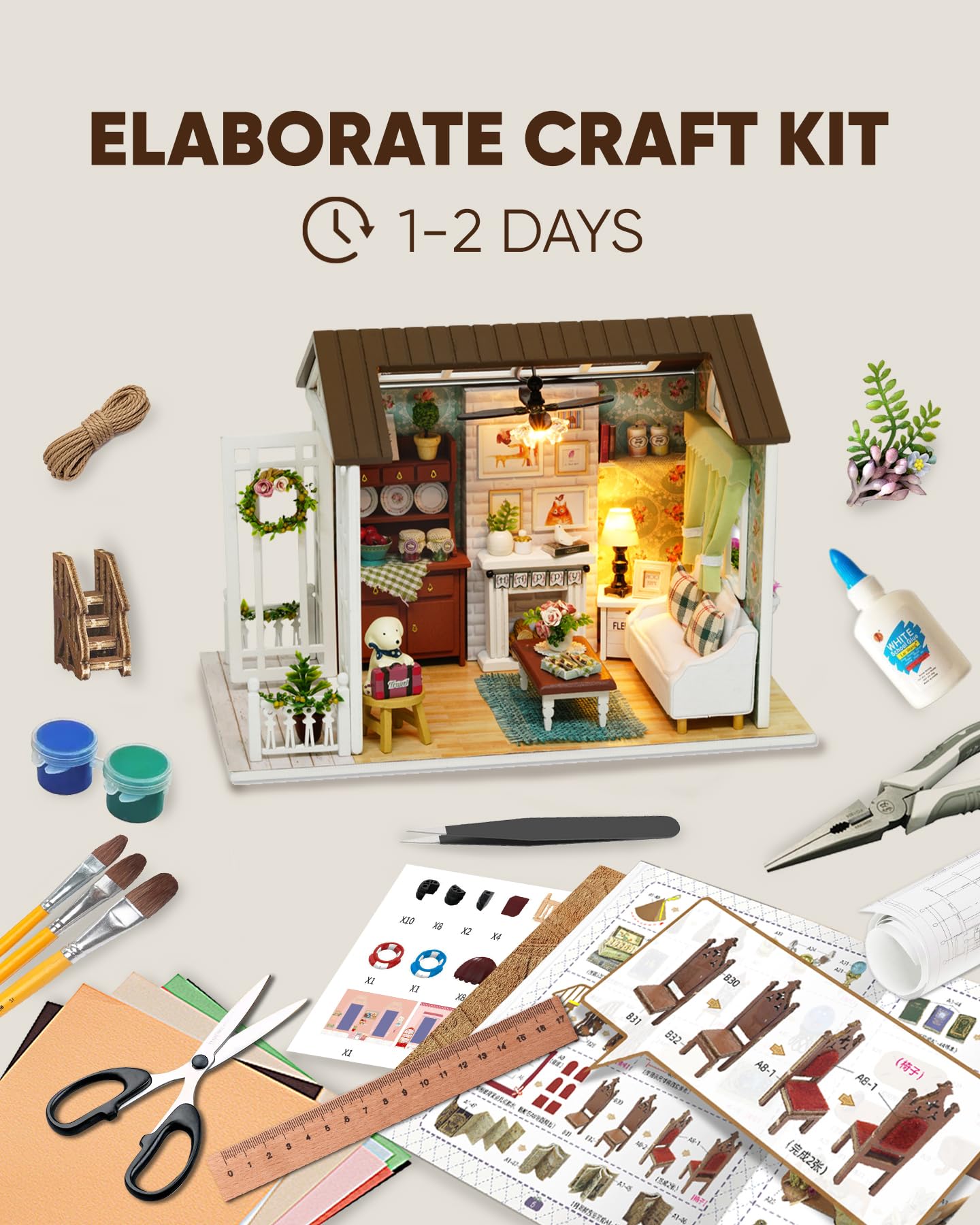 DIY Miniature House Kit  DIY Dollhouse Kit for mature-themeds to Build  Mini House Kit with LED  Mayberry Street Miniatures  Ideal Gifts for Birthday  Valentine Christmas(Happy Times)