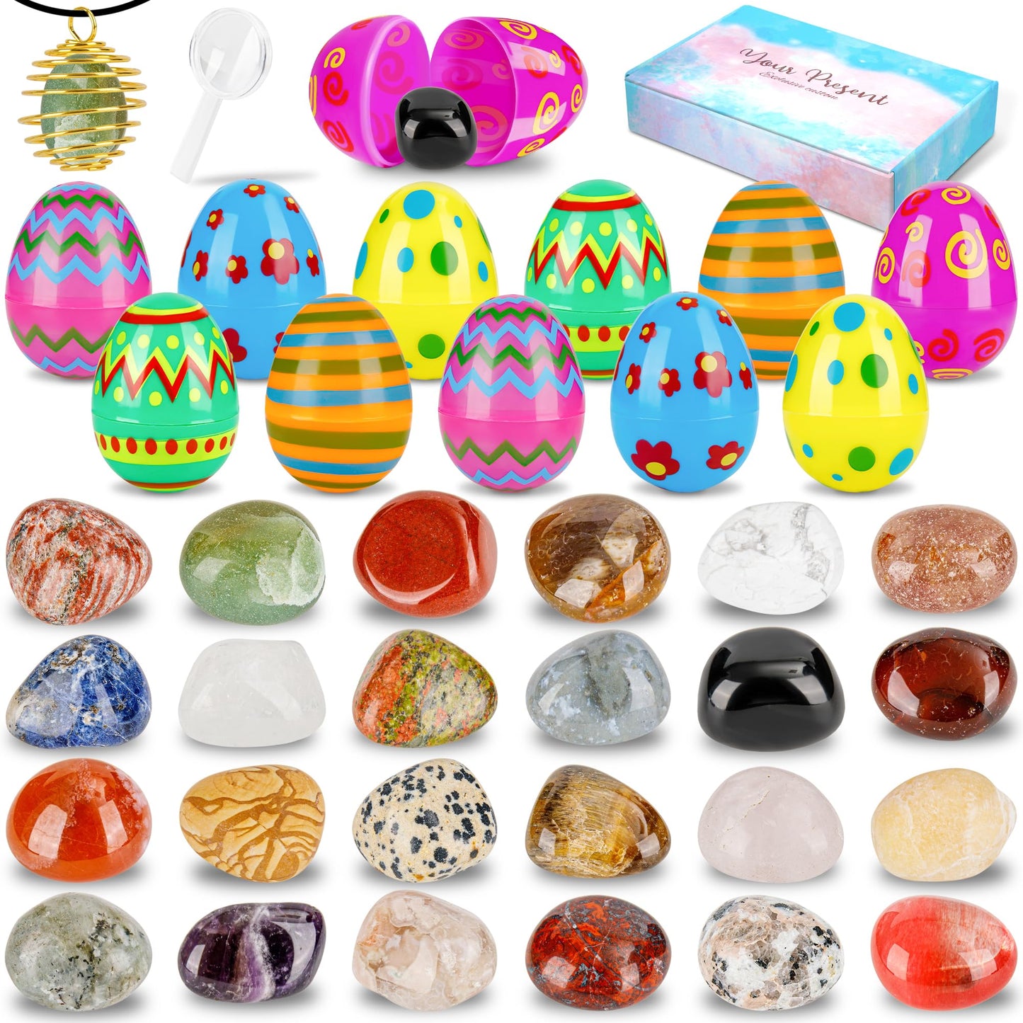 Oliker Easter Basket Stuffers, 24 Pcs Prefilled Easter Eggs With Gemstone Crystals For Egg Hunt, Classroom Prize Supplies Birthd