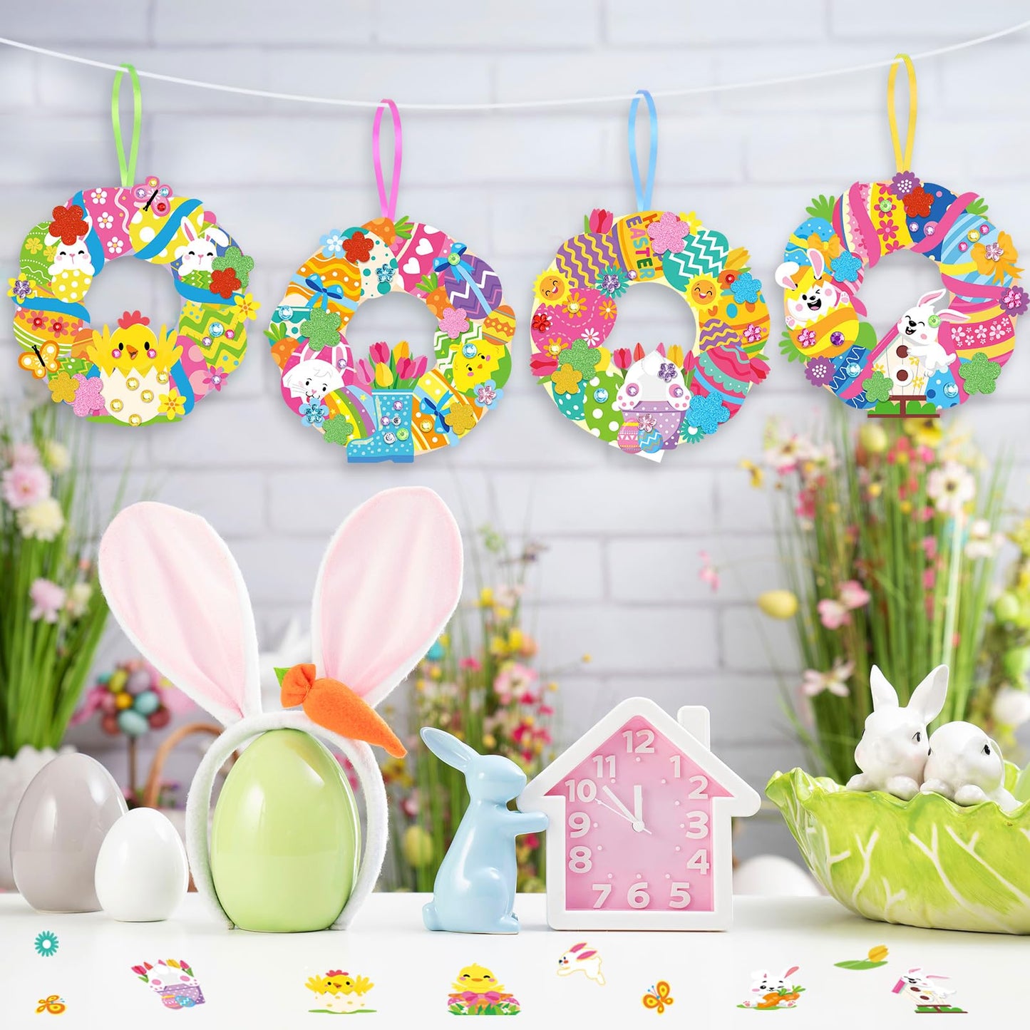 Hollowfly 48 Sets Easter Wreath Craft Kits DIY Wreath Hanging Ornaments Make Your Own Paper Craft with Stickers for Home Party F