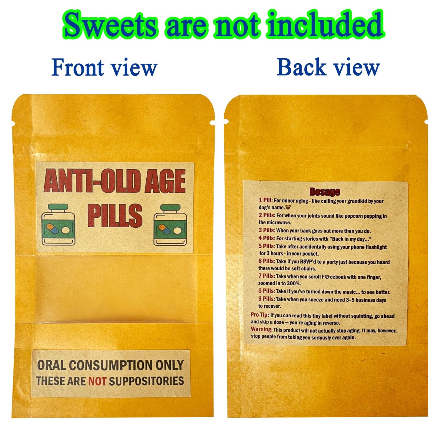 PHAWNGU 4 Pack Funny Anti-Old Age Pills (Empty Pouch) - Gag Gift for Seniors, Over The Hill Birthday, Retirement Party Favor, Jo