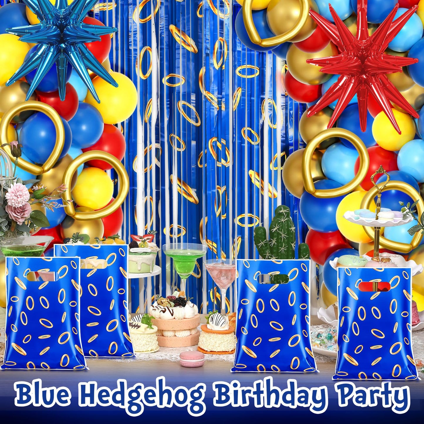Faccito 40 Pcs Video Game Party Favors Bags Blue with Gold Ring Print Themed Goodie Bags Candy Snack Treat Plastic Supplies for