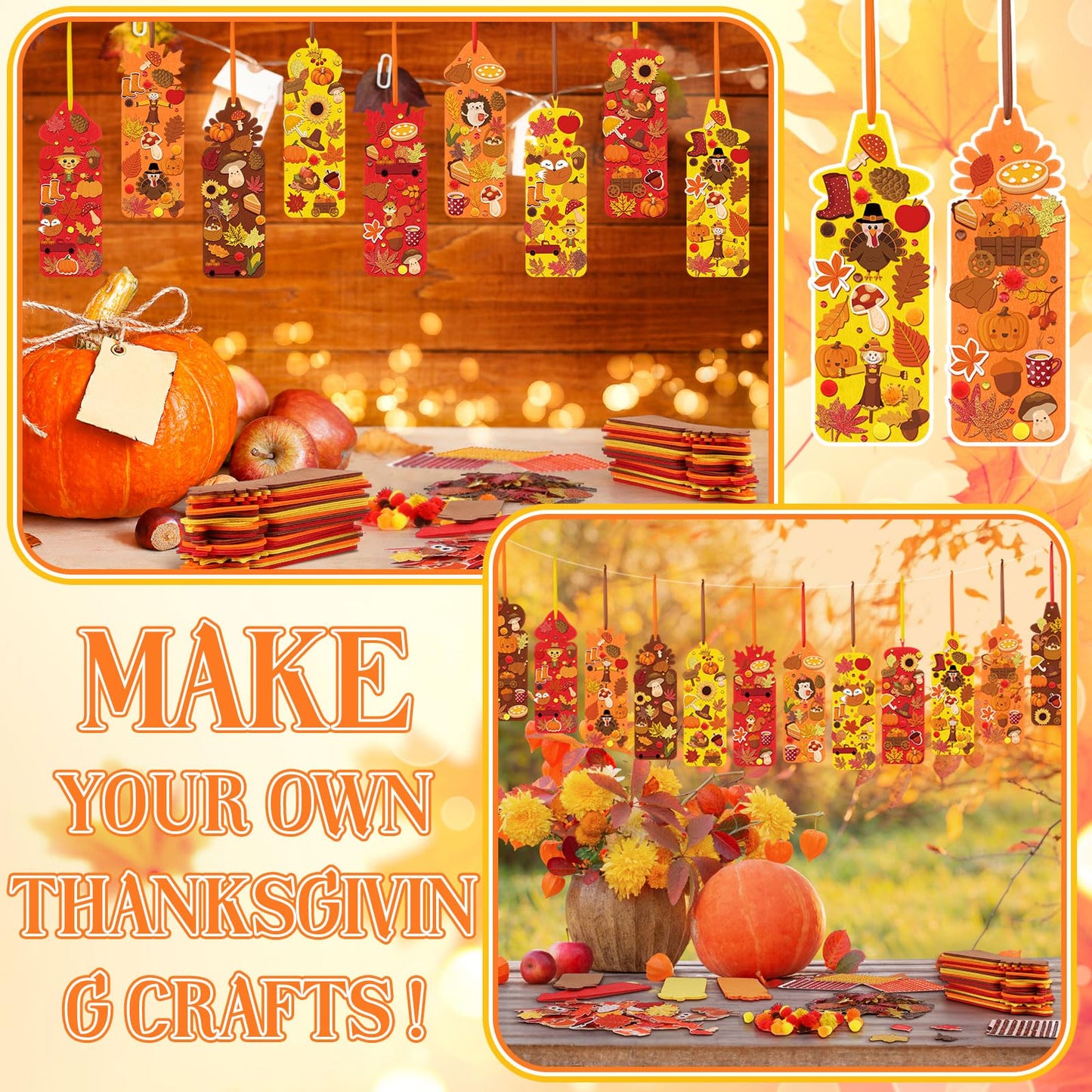 Resholder 48 Sets Thanksgiving Bookmark Crafts Kits 490 Pcs DIY Turkey Felt Decorations Art Bulk Fall Pumpkin Maple Leaf Craft K