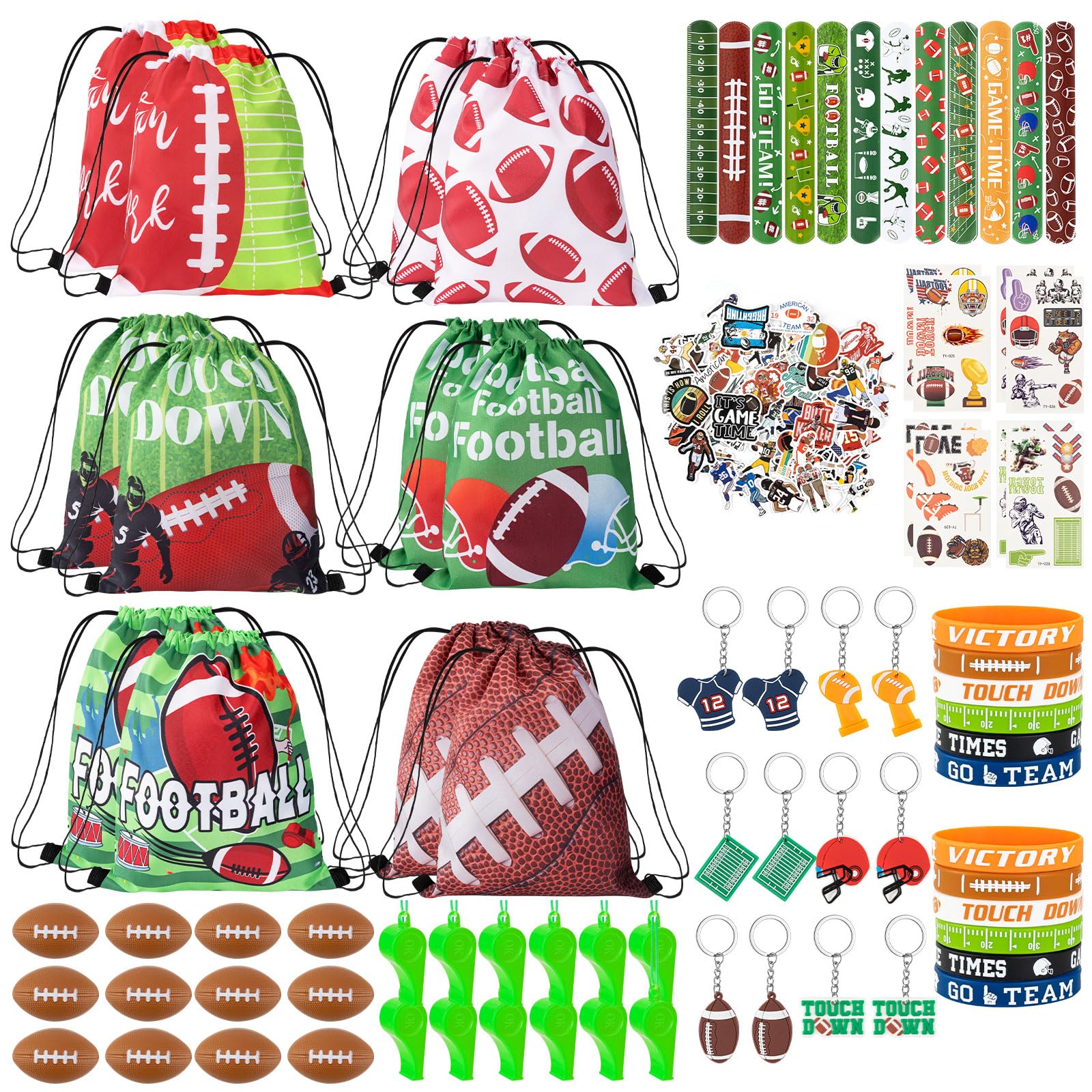 144 Pcs Football Party Favors, Football Goodie Bags with Mini Balls, Wristband, Slap Bracelets, Keychains, Tattoo Stickers, Whis
