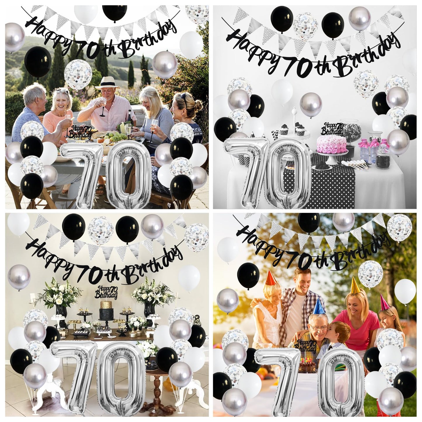 70Th Birthday Decorations For Men Women, Black Silver White Birthday Balloons, Black Happy 70Th Birthday Banner Birthday Cake To