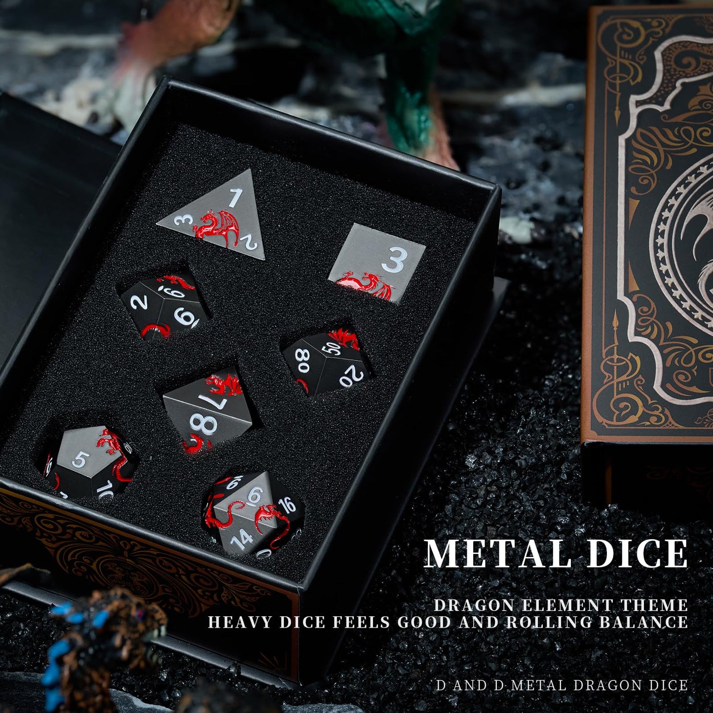 HNCCESG Metal DND Dice Set Dragon D&D Dice for D&D Dungeons and Dragons Gift TTRPG Metal Dice with Dragon Dice Box(Black Red Dra