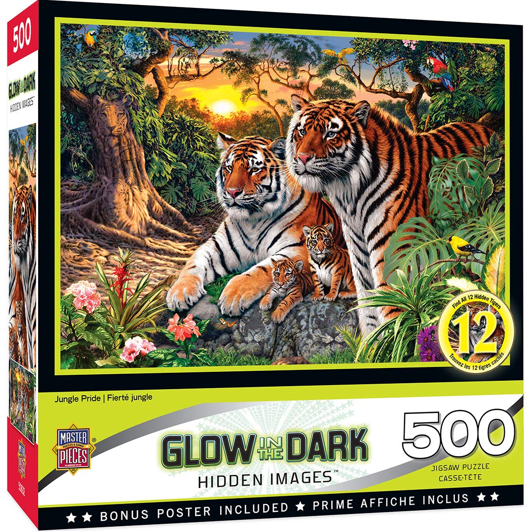 Masterpieces 500 Piece Glow In The Dark Jigsaw Puzzle For Adults, Family, Or Kids - Jungle Pride - 15''X21''