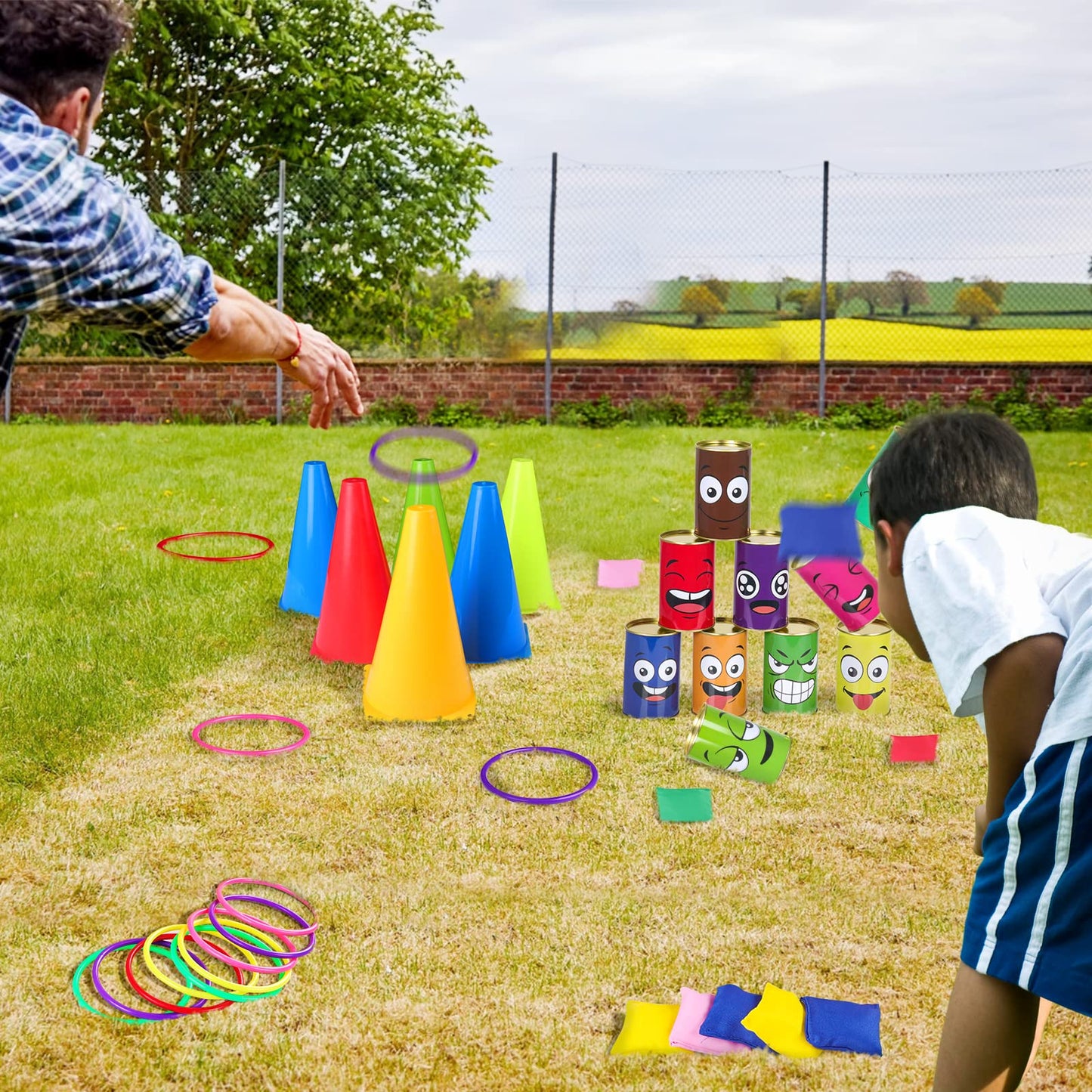 Hxezoc 36 Pack Carnival Games Set, 4 In 1 Soft Plastic Cones Cornhole Bean Bags Ring Can Toss Carnival Games Combo For Kids Adults Carnival Birthday Party School Field Indoor Outdoor Games Supplies