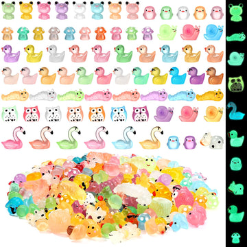 Seenelling 240 Pcs Mini Resin Animals Miniature Luminous Animals Ducks Mushrooms Owls Flamingos Tiny Glow in The Dark Figures fo