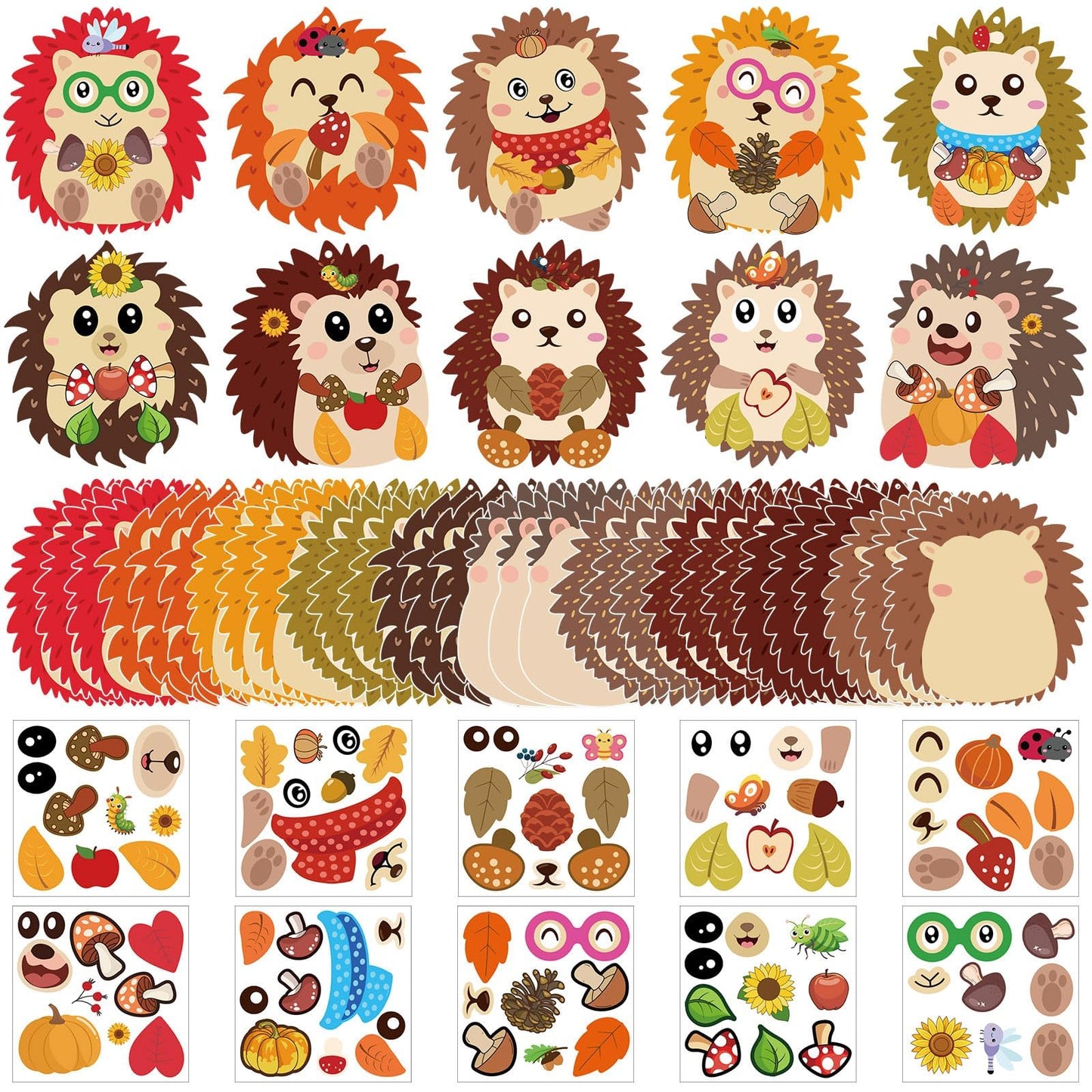 JUNEBRUSHS 30 Piece Fall Hedgehog Craft Set, Autumn Self-Adhesive Stickers Thanksgiving Make Your Own Crafts for Art Classroom H