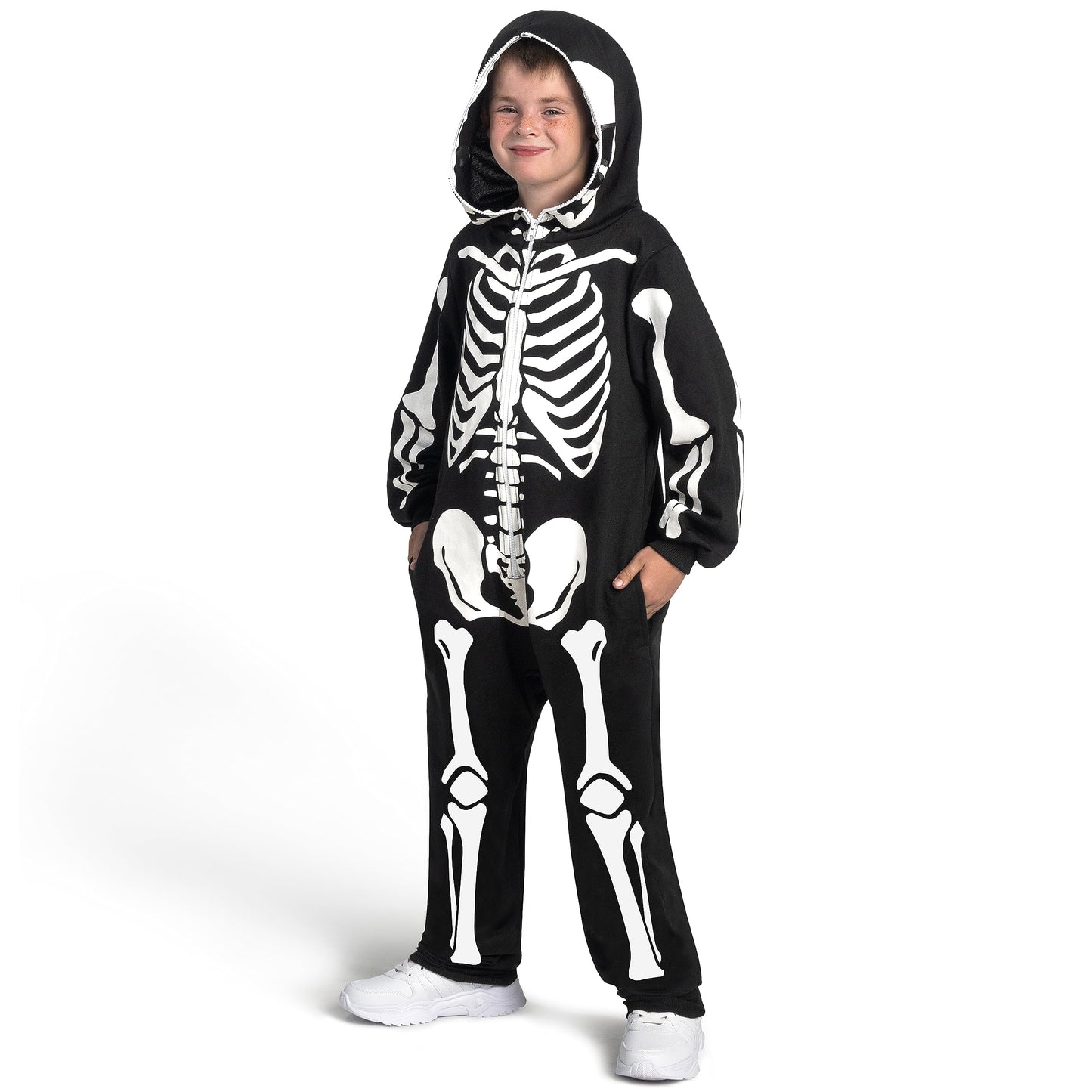 Spooktacular Creations Halloween Kids Skeleton Jumpsuit Pajama, Plush Zip-Up Glow Costume Cosplay In The Dark, Unisex Hooded Skeleton Halloween Sleepwear