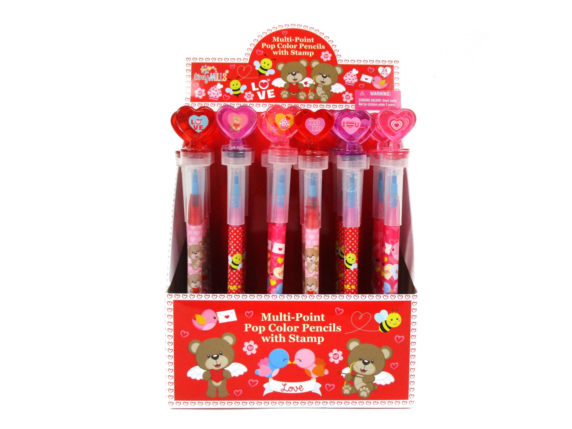 TINYMILLS Valentines Day 2-in-1 Stackable Crayons 24 Pack - Multi-Point Stacking Crayons with Stamper Toppers for Classroom Exch