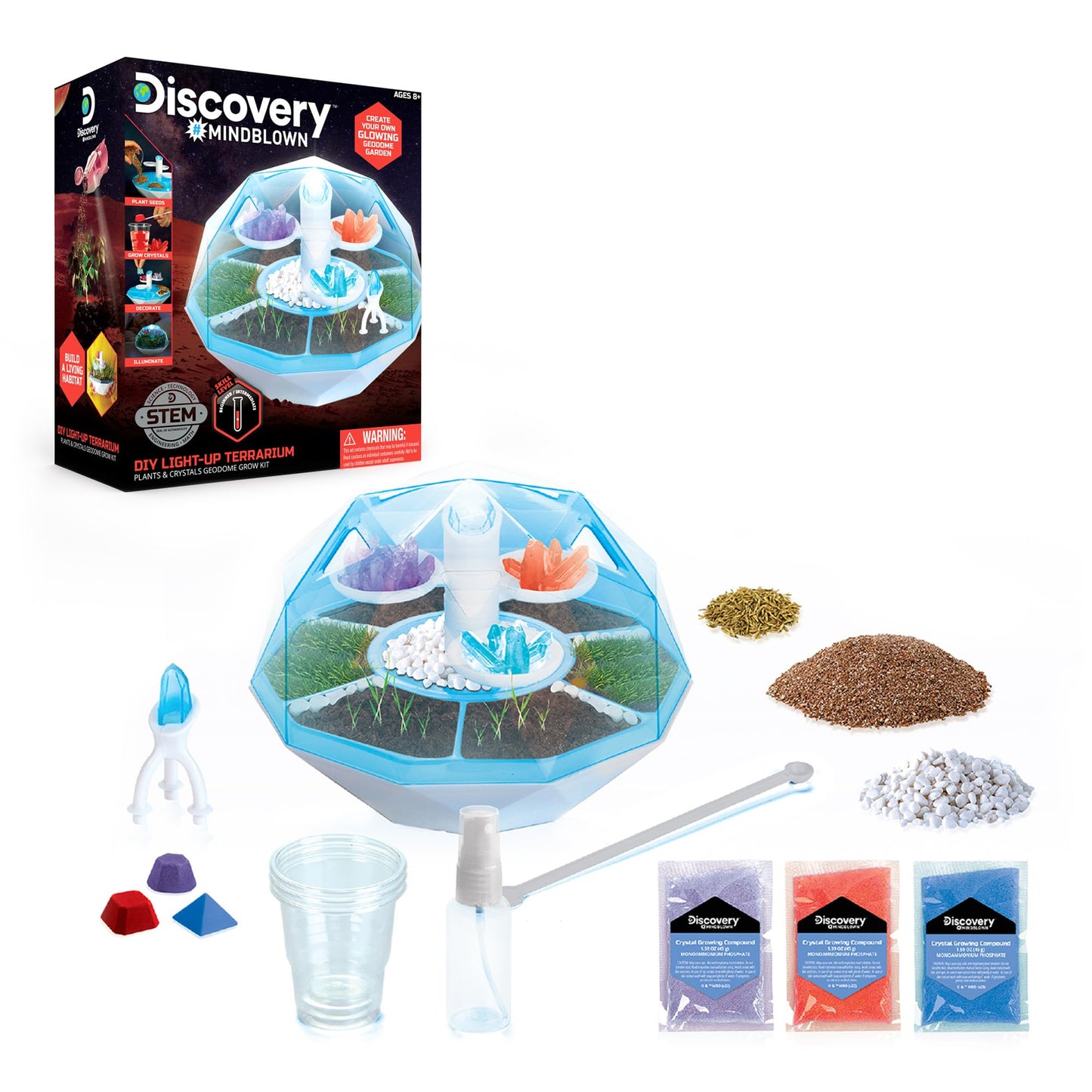 Discovery Diy Light-Up Led Terrarium - Plants & Crystals Geodome Grow Kit, 3 Colorful Crystal Formations, Rye Grass, Education S