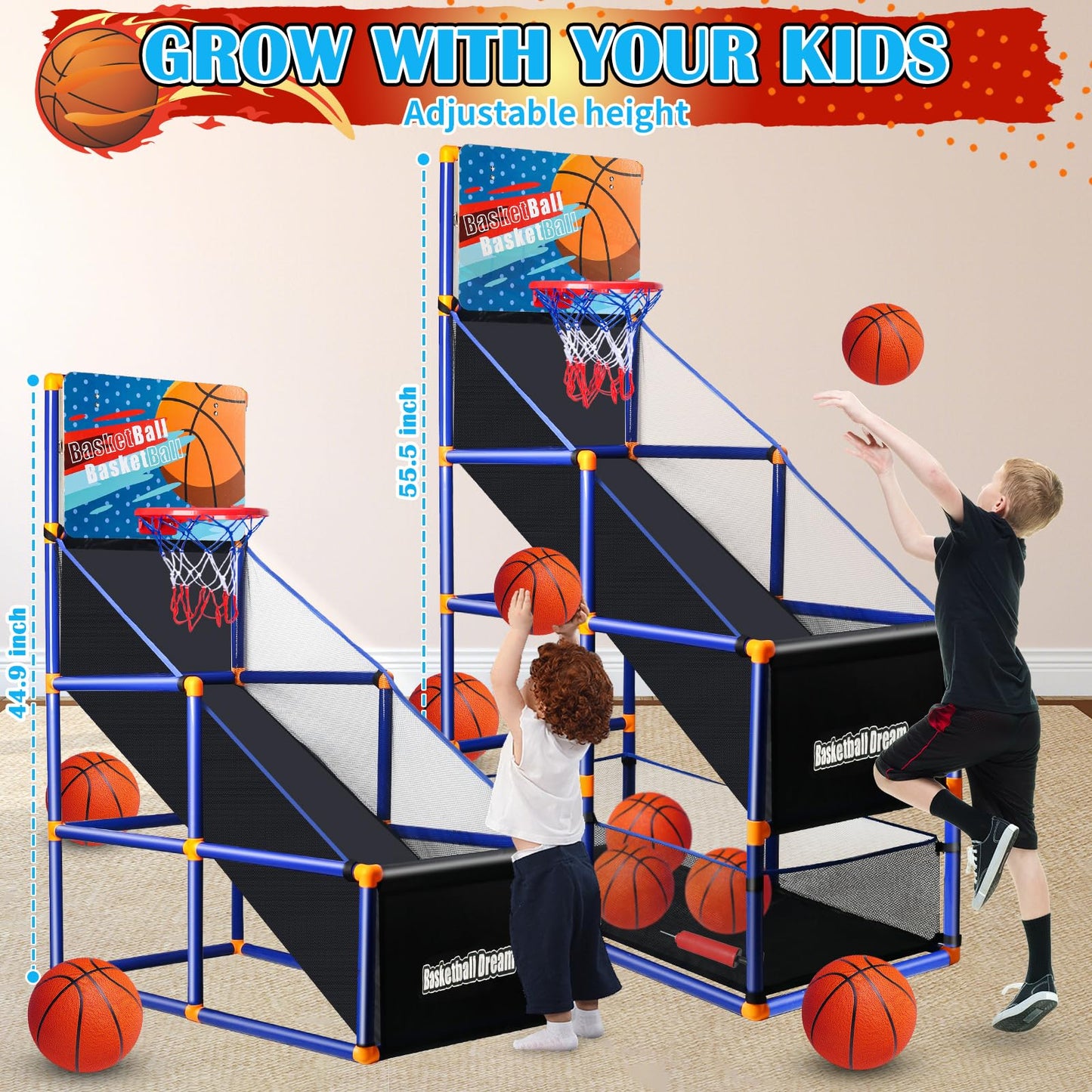 Arcade Basketball Game Set For Kids, Boy Toys Basketball Hoop With 4 Balls For 3 To 12 Years Old, Adjustable Height W/ Pump & St