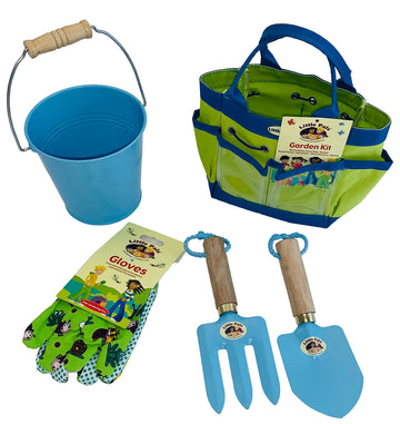Tierra Garden Little Pals Kids Junior Garden Kit With Hand Trowel, Hand Fork, Gloves And Bucket. Blue/Green