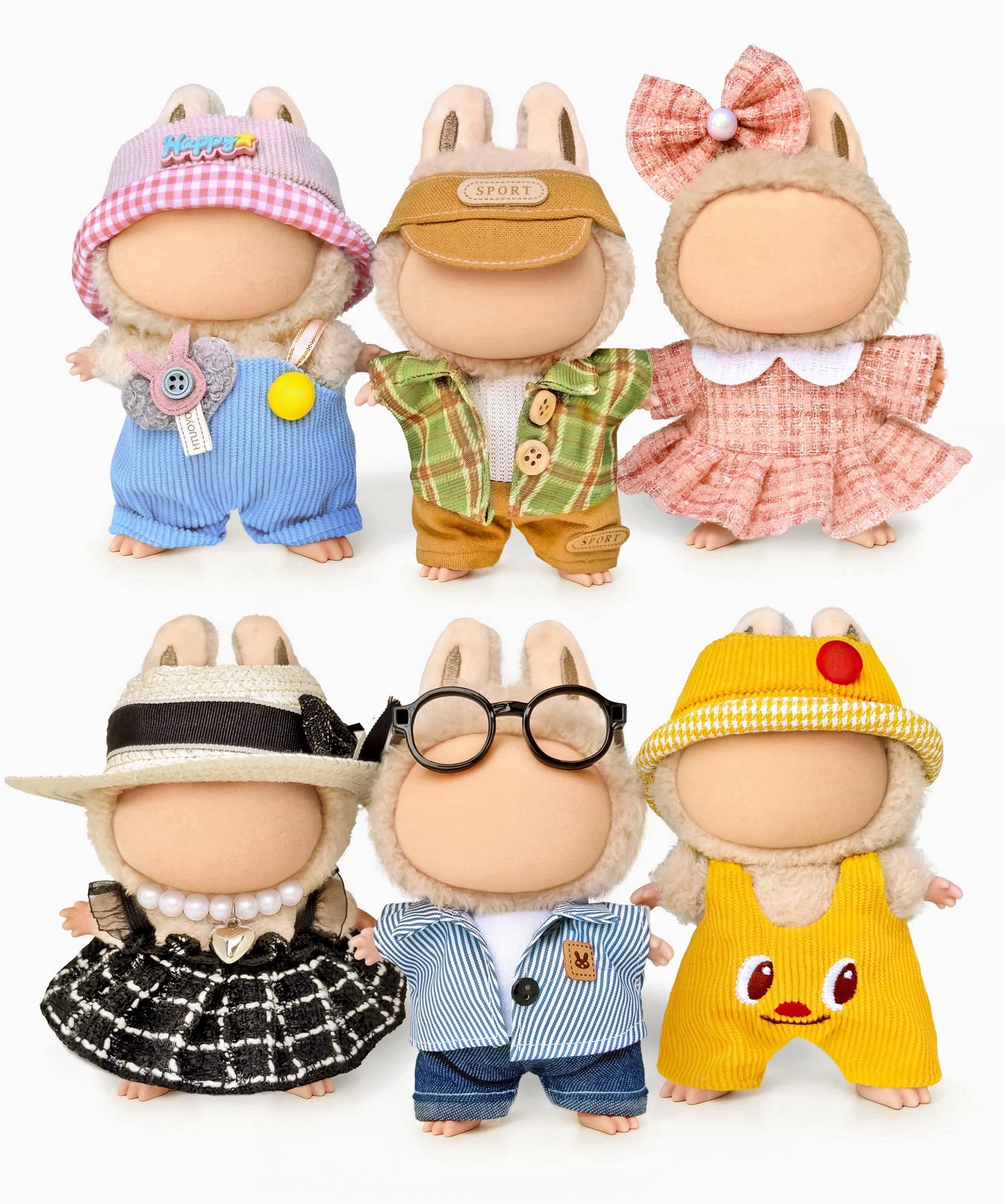6 Clothes Sets for 17cm Collectible Dolls - Miniature Outfits with Accessories - Hat  Glasses & Necklace Details - Ages 15+ (No Doll)