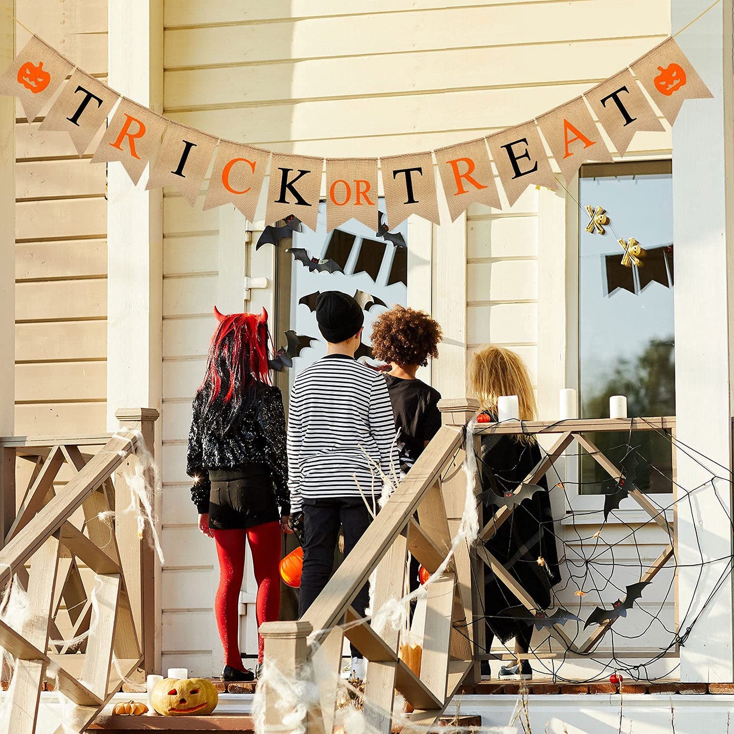 Trick or Treat Halloween Banner, 9.2ft/2.8m Burlap Halloween Bunting Garland with Pumpkin Pattern, Cute and Colorful Halloween D