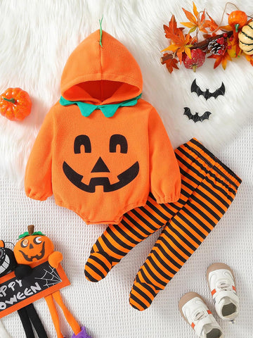 2Pcs Newborn Infant Baby Boy Girl Fleece Halloween Pumpkin Costumes Hoodie Romper Onesie Cotton Pants Outfit (3-6 Months, Orange