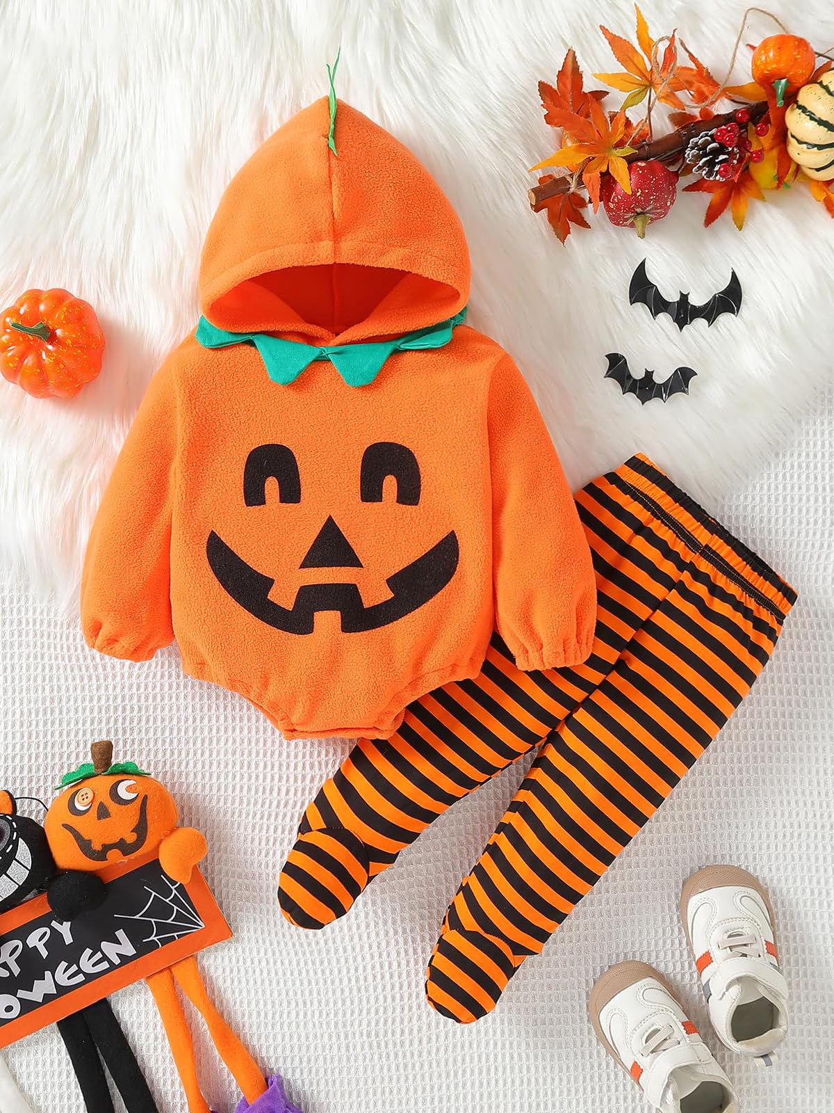 WOLBAY 2Pcs Infant Halloween Pumpkin Costume Set, Fleece Hoodie Romper & Cotton Pants, 3-6 Months, Orange-A for Baby Boy Girl