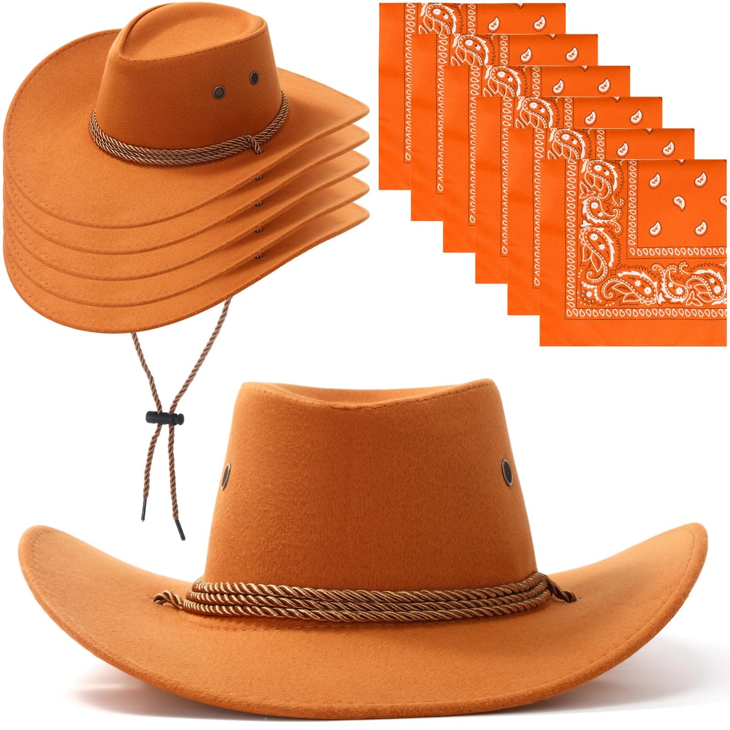 Zhanmai 12 Pcs Cowboy Hat and Bandana Cowboy Cowgirl Hats Bulk Western Party Costume Halloween Accessory(Polyester,Beef Yellow)