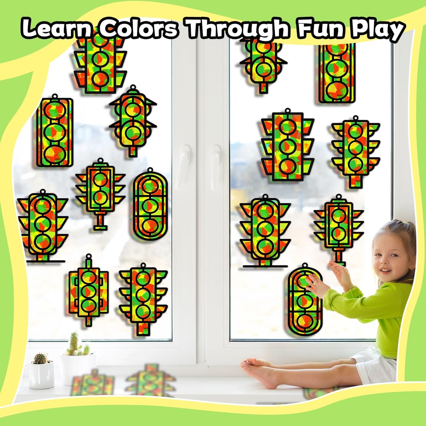 QOUBAI 32 Sets Traffic Light Suncatchers Craft Kit DIY Window Stained Glass Effect Traffic Lamp Paper Crafts Home School Classro