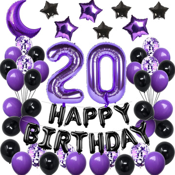 Naninuneno 20Th Birthday Decorations Set For Girl Women Boy Men,Purple Black 20 Happy Birthday Balloons Supplies With Purple Num