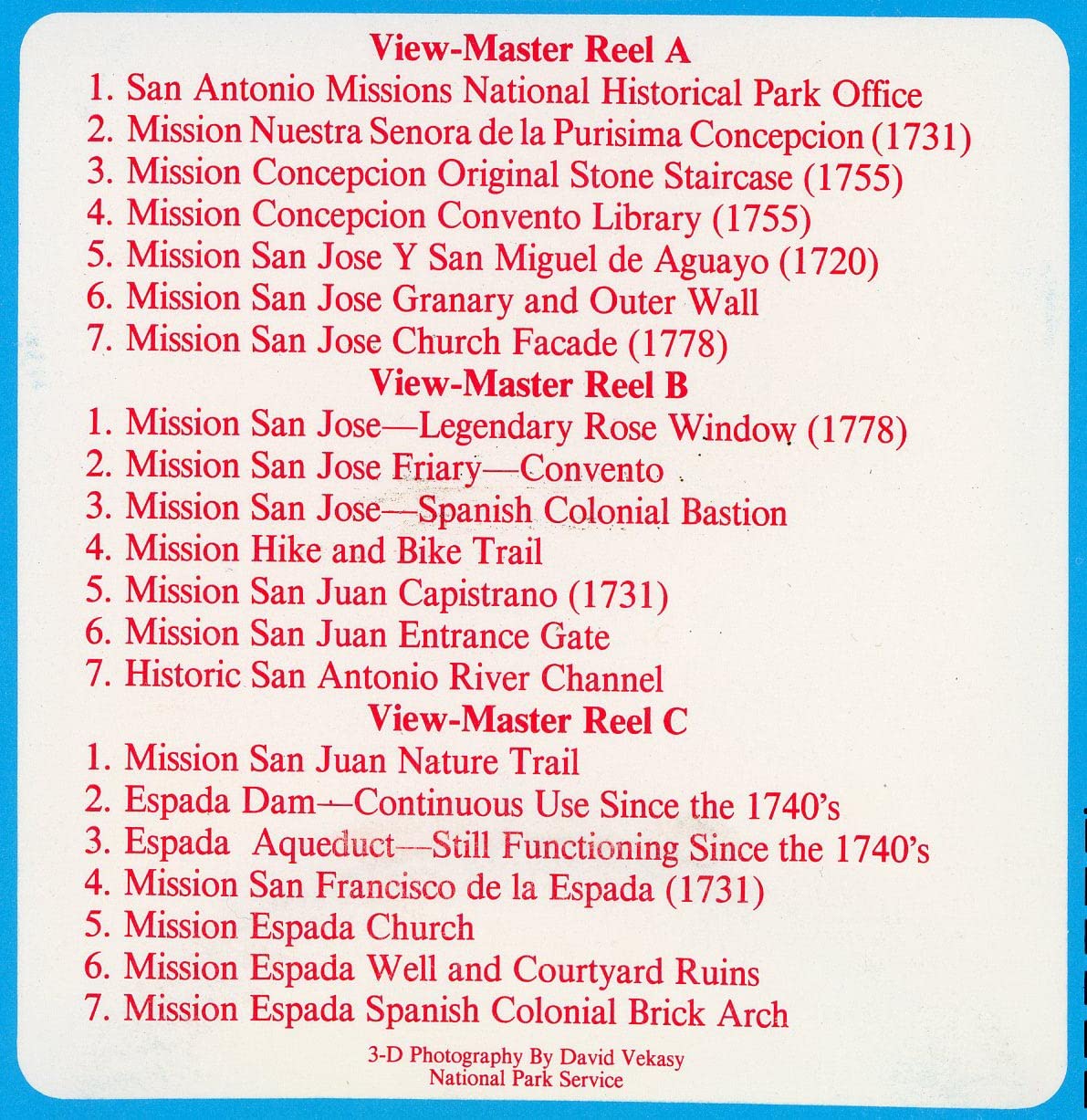 San Antonio Missions - Viewmaster - 3 Reel Set - 21 3D Images