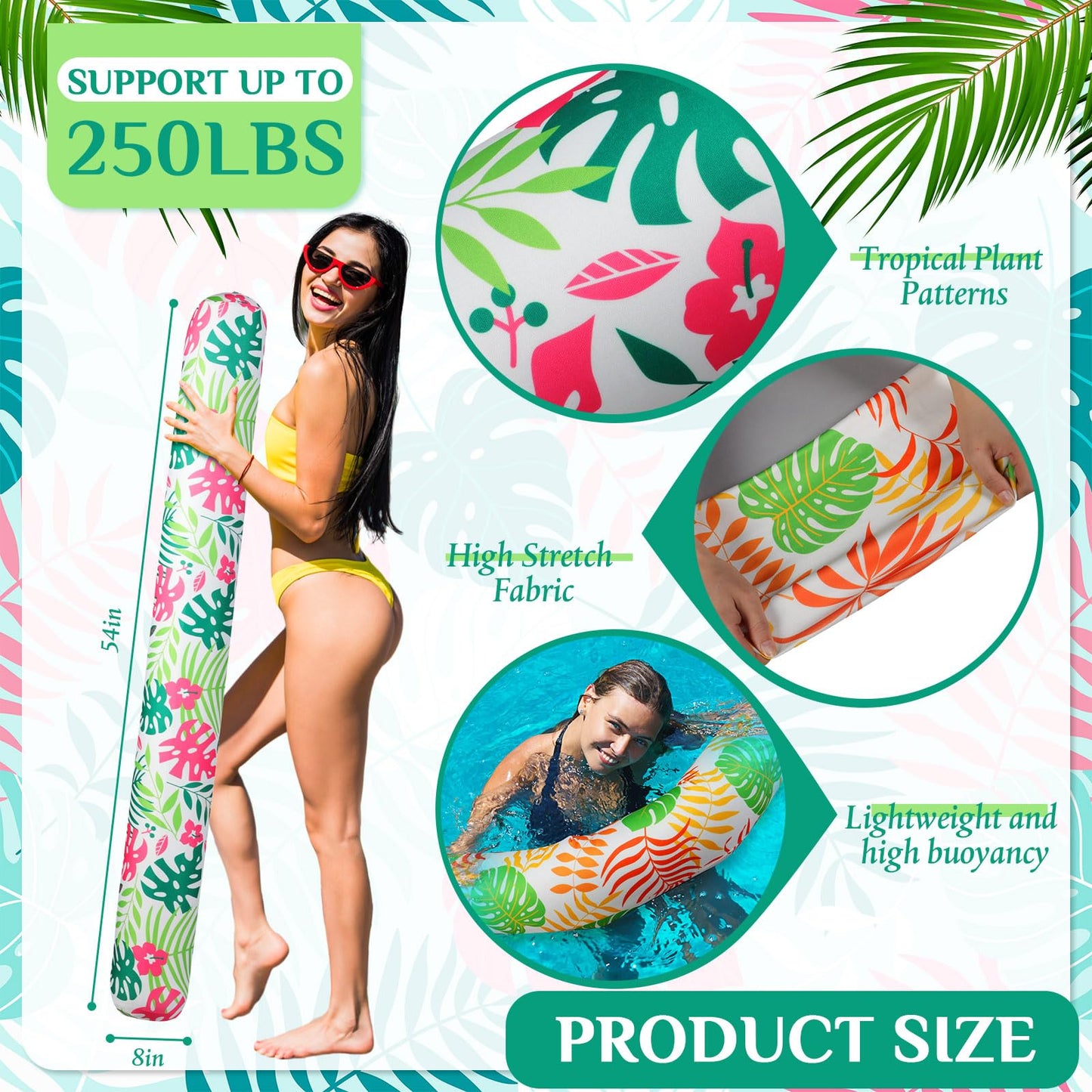 Soulchen 4 Pack Inflatable Pool Noodles Soft Fabric Covered 54'' Large Swim Noodles for mature-themeds Hawaii Tropical Palm Leaves enhanced Buoyancy for Pool Swimming Floating Beach Party Decor (Mixed)