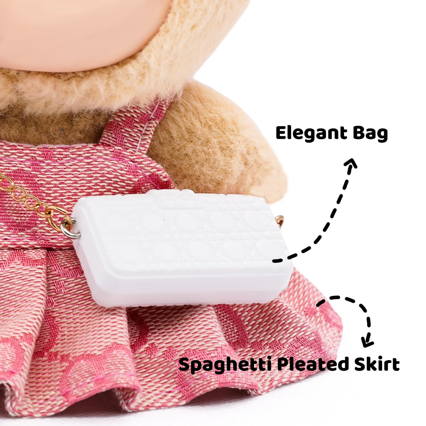 LYBHYQTII Doll Clothes Compatible with Labubu 17cm  enhanced Dolls Accessories 3 Piece Set Including Chic Spaghetti-Strap Dress & Bag and Bow  High-End Fashion Outfit for Play & Display - Pink