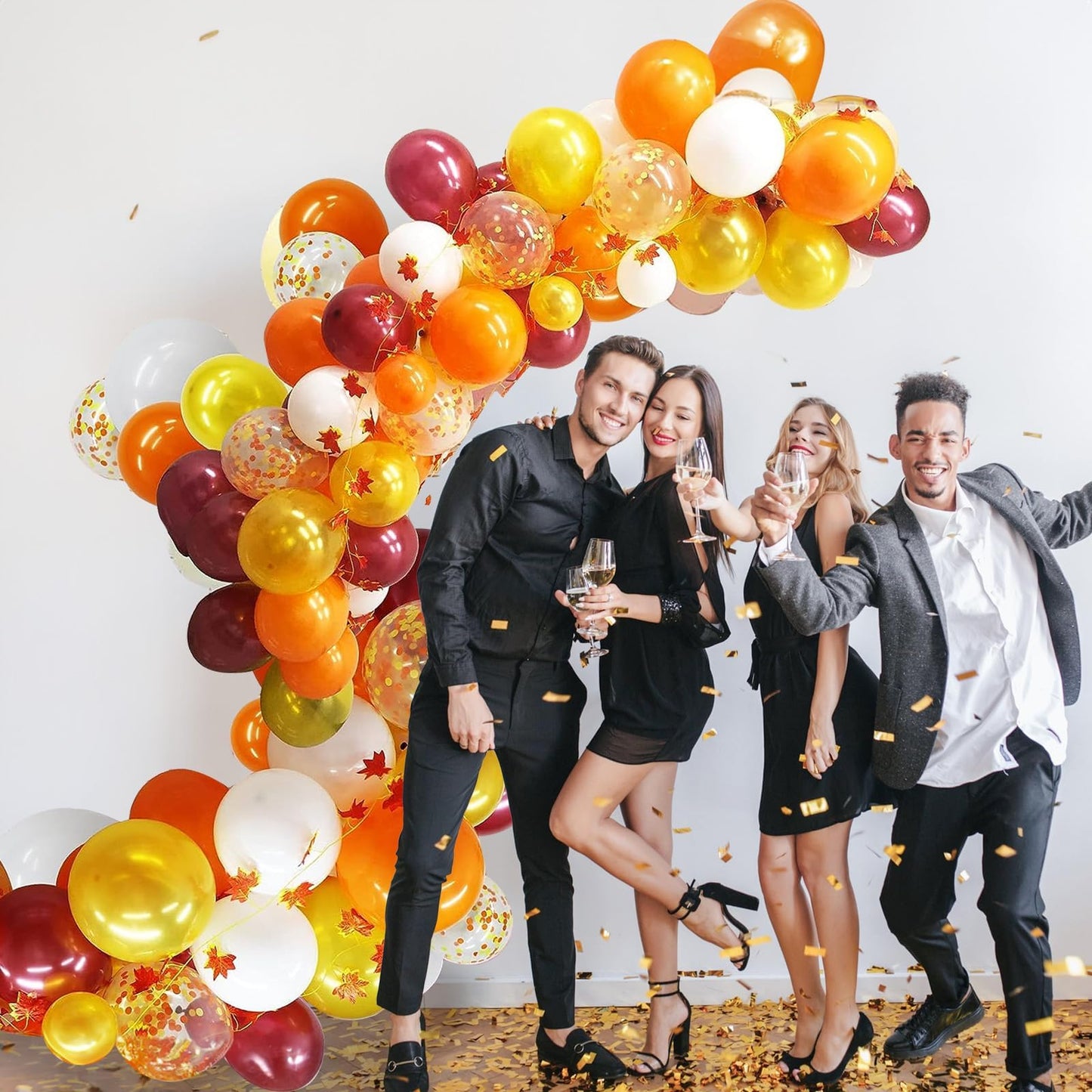 Fall Balloon Arch Kit, Orange Gold Burgundy Fall Balloon Garland Kit, Thanksgiving Balloons With 2Pcs 2-Meter-Long Maple Leaves,