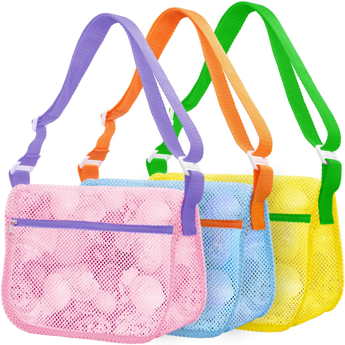 Beach Shell Bags for Holding Beach Shell, 3Pcs Seashell Collecting Bags with Adjustable Shoulder Straps, Sand Toys for Kids Pick