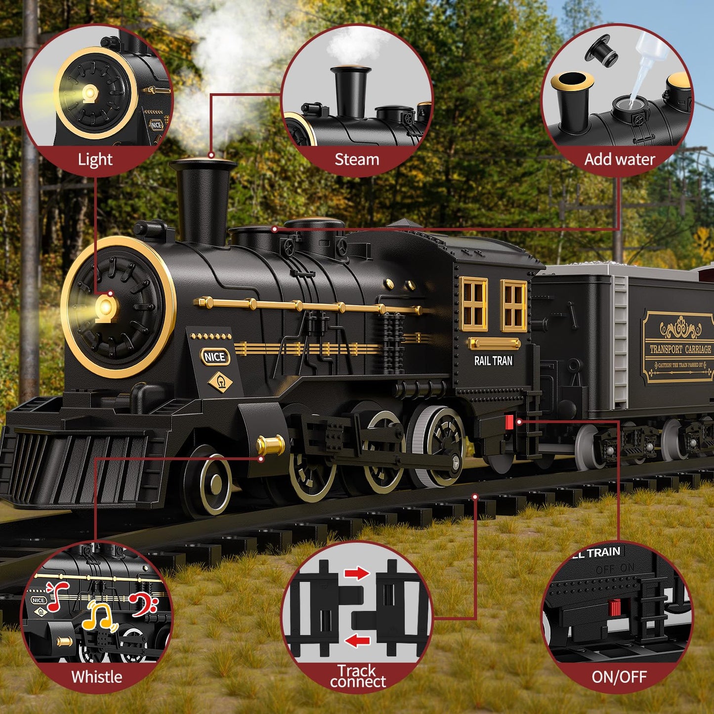 Temi Train Set For Kids 3-12 Years, Electric Classical Steam Engine Locomotive With Steam, Light And Sounds, Rechargeable Model