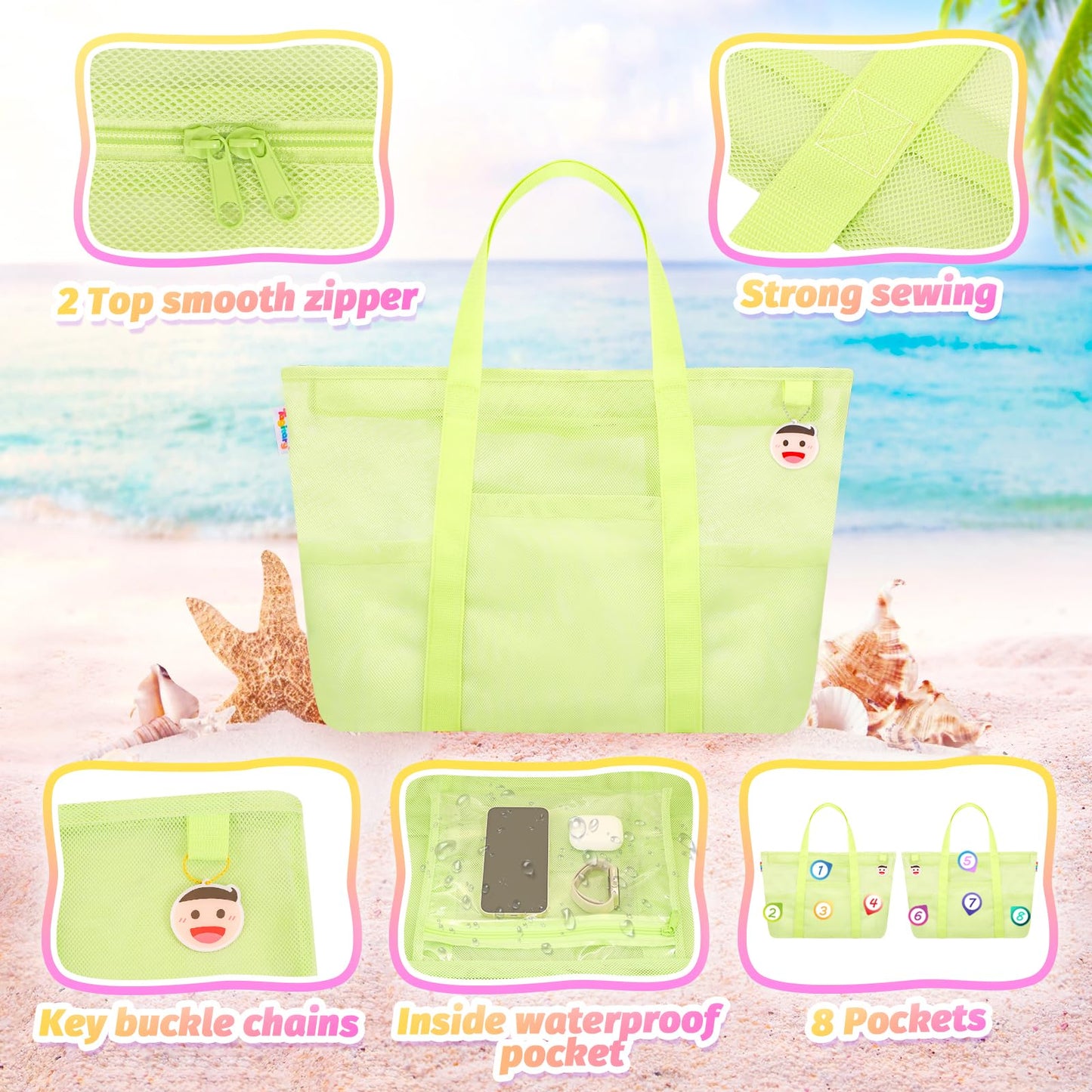Tagitary Beach Toys Mesh Beach Bag with Zipper, Green Large Beach Tote Waterproof Sandproof with 8 Pockets for Storage Swim Pool