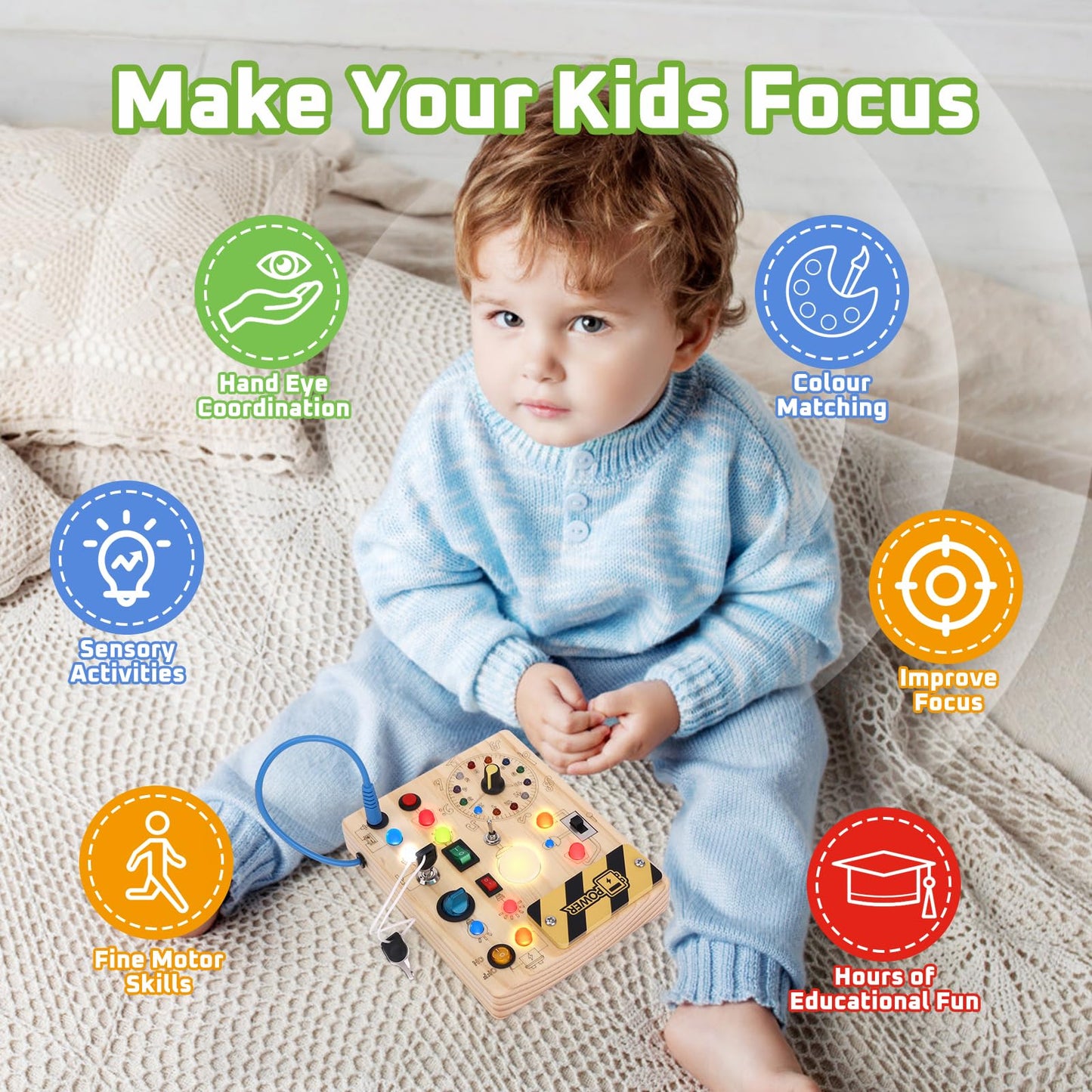 Busy Board ?Plus Version? with 23 LED Light Montessori Toy for 1+ Year Old Engaging Sensory Board for Fine Motor Skills Gifts & Travel Toys for Toddlers 1-3