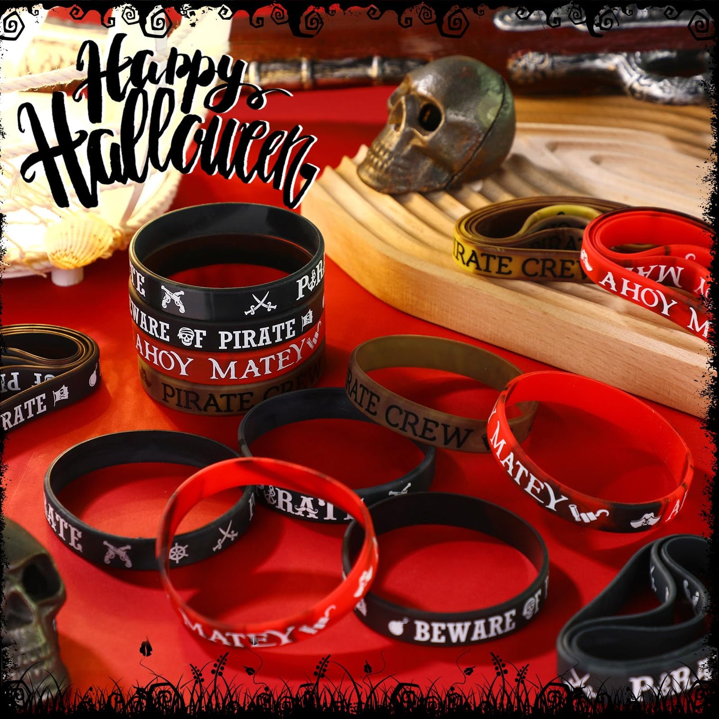 Capoda 48 Pcs Pirate Silicone Bracelets Ahoy Matey Caribbean Rubber Wristbands Skull Pirate Ship Party Favors for Girls Boys Bir