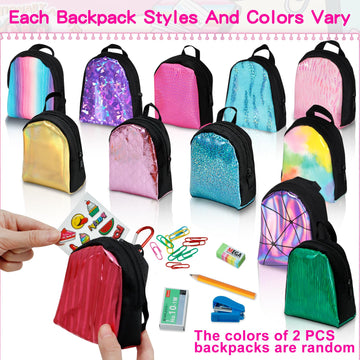Euclidean Cube 2 Pieces Mini Doll Backpack Toys With 12 Stationery Surprises Inside, Collectible Mini Backpack For Doll With Carabiner, Doll School Supplies For Boys And Girls (Styles And Color Vary)