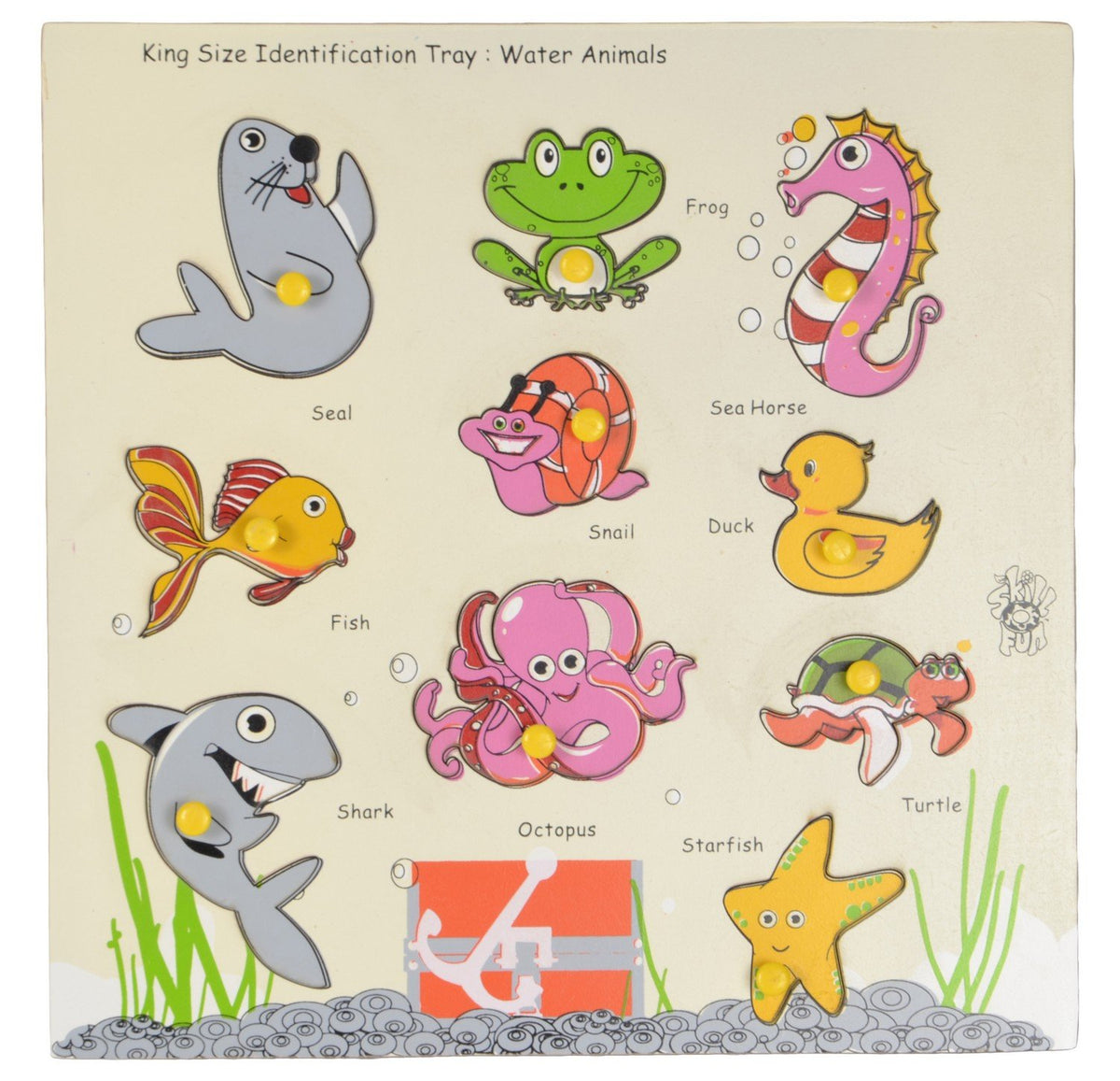 Skillofun Wooden Kingsize Identification Tray Water Animals with Knobs, Multi Color