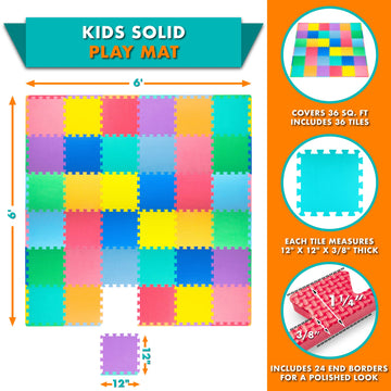 Prosource Foam Puzzle Floor Play Mat For Kids And Babies With Solid Colors, 36 Or 16 Interlocking Tiles With Borders, Assorted