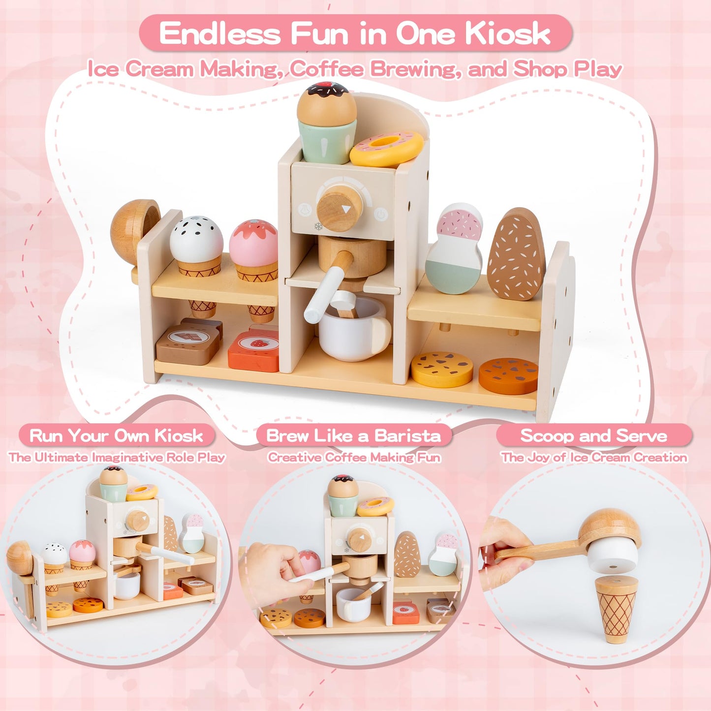 Wooden Ice Cream and Coffee Play Set for Kids, Pretend Play Toy Ice Cream Shop & Coffee Maker for Toddlers Ages 3-5, for Boys &