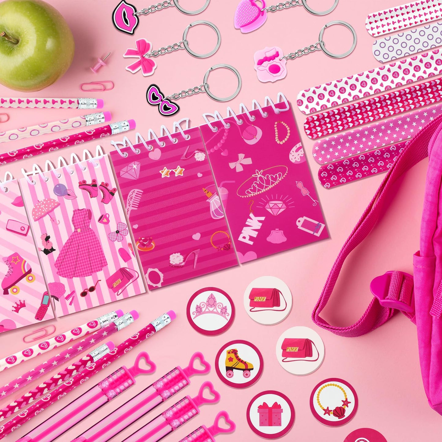 Fuyoooo 134 Pcs Hot Pink Princess Party Favors Kit for 12 People Pink Princess Party Supplies Include Gift Bags Mini Notepads Pe