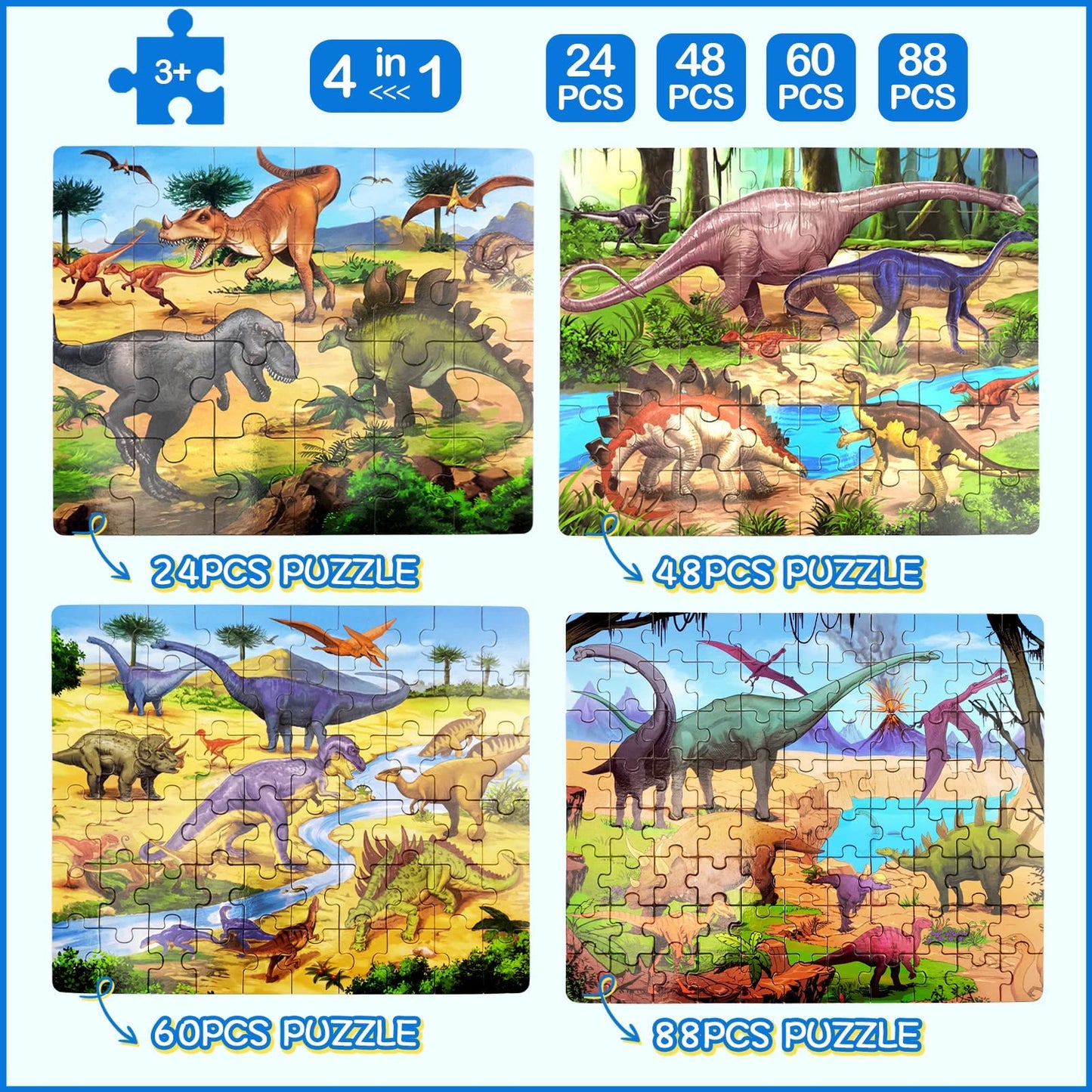 Wooden Puzzles For Kids Ages 4-8, Dinosaurs 4-In-1 Jigsaw Puzzles In A Wood Storage Box, 24 48 60 88 Pieces Dinosaur Puzzles Toys For Toddlers Kids Ages 3 4 5 6