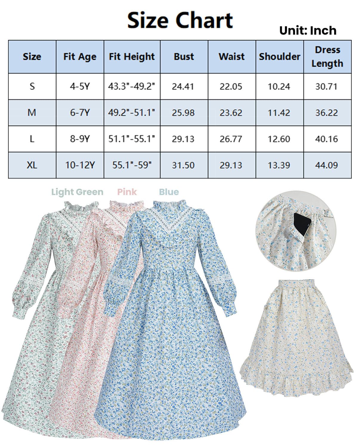 FCCAM Prairie Colonial Dress Girls Long Sleeve Pioneer Dress Costume Floral Pioneer Girl Laura Ingalls Wilder Blue S