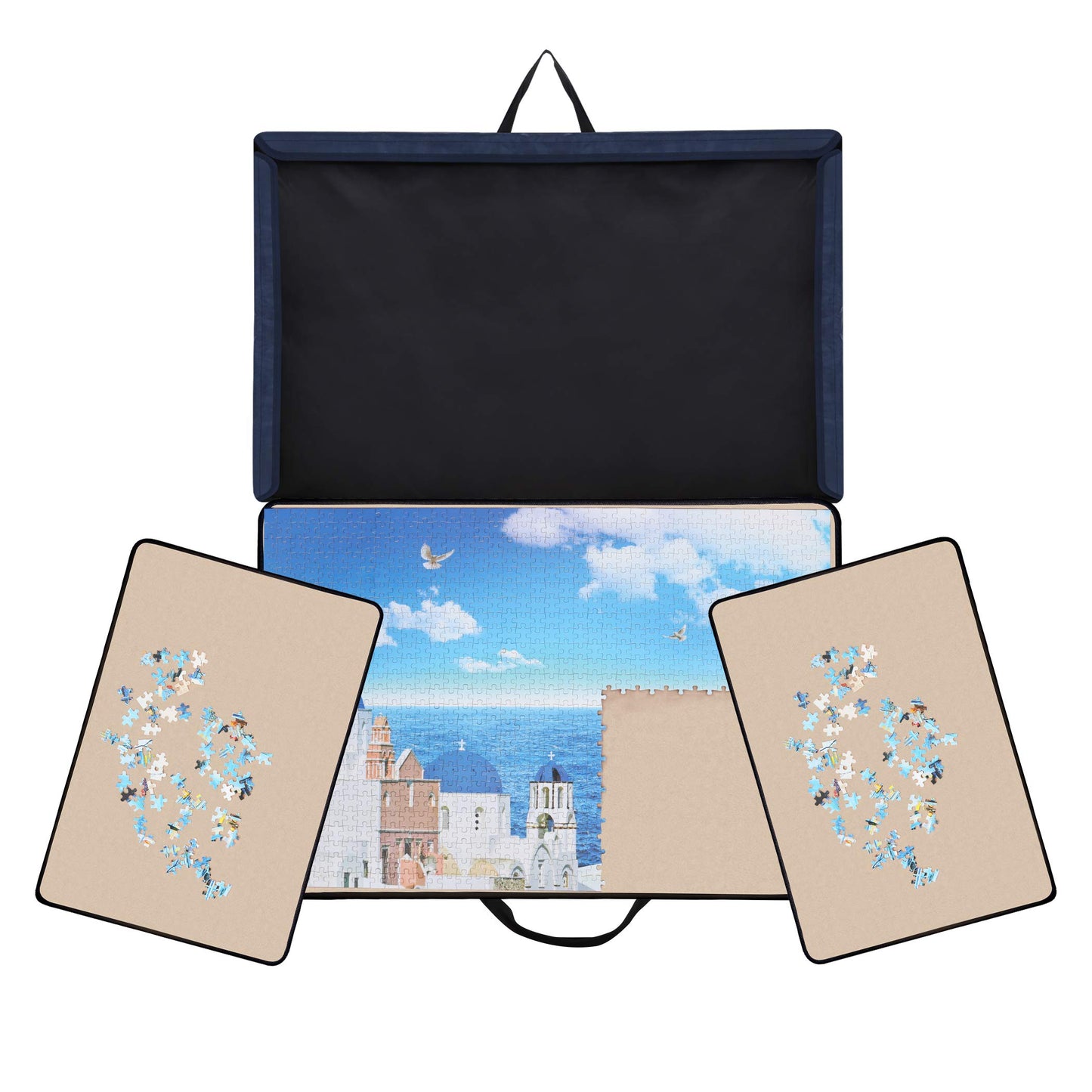 Becko US Jigsaw Puzzle Board - Portable Storage Case for Up to 1000 Pieces, Non-Slip Surface, Dark Blue & Khaki, Model WGPTB