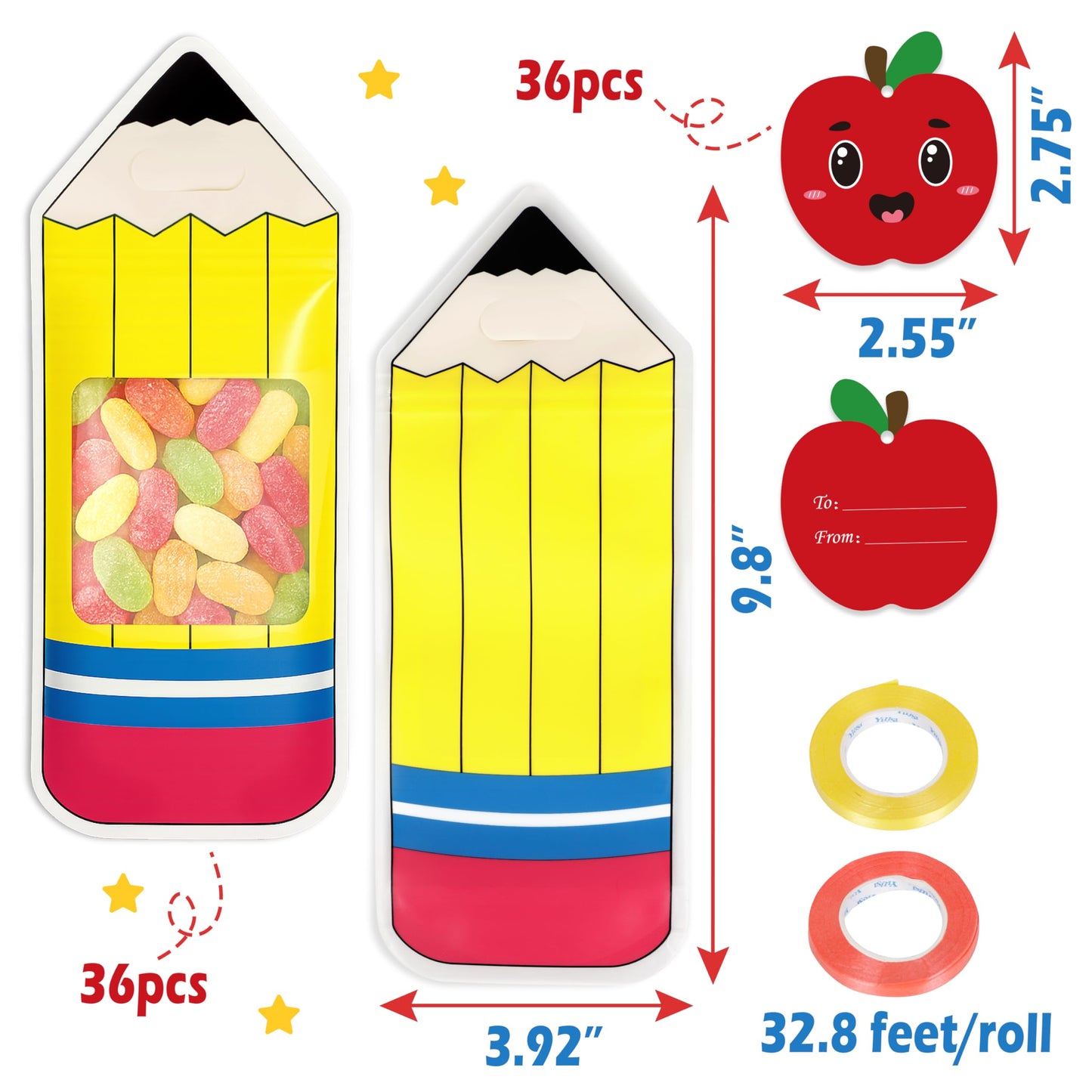 36PCS Back to School Goodie Bags Gifts Bulk: Students Teachers Party Favors, Plastic Candy Snack Pencil Treat Bag with Card, Tea