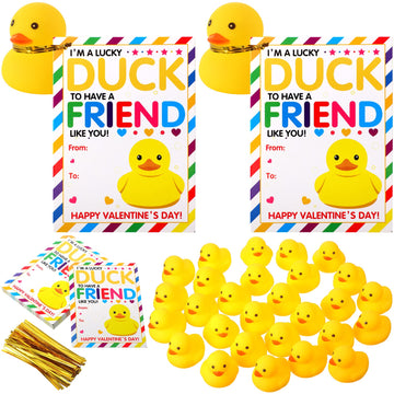 Sotiff 2 Inch 28 Sets Valentines Day Gift Rubber Ducks With Cards Bulk For Kids Valentine'S Greeting Cards Mini Rubber Duck Part