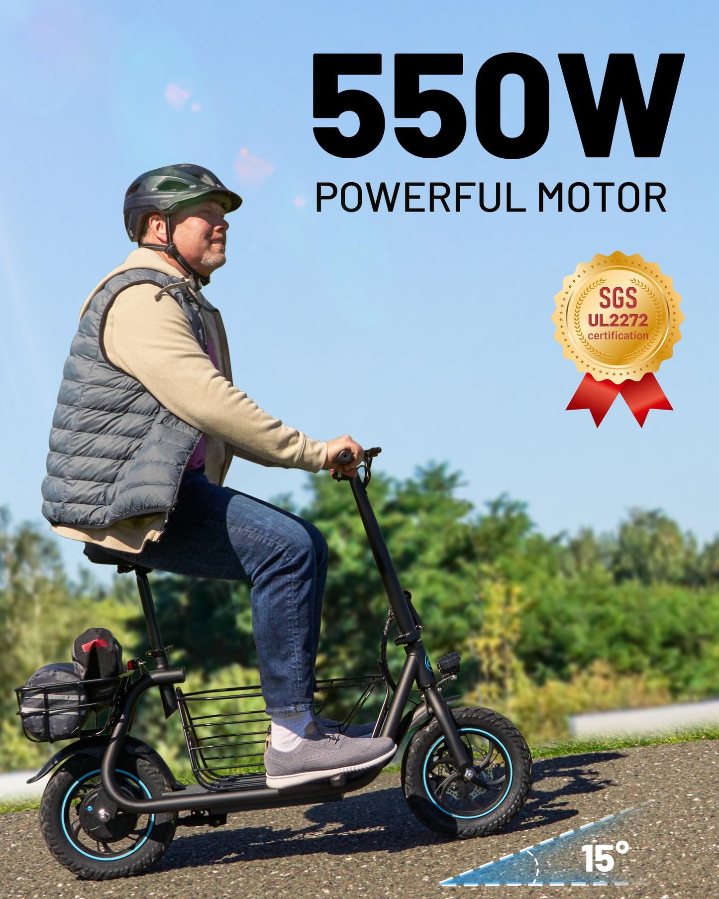 URBANMAX Electric Scooter with Seat for mature-themed 550W Motor Up to 18.6 MPH Max Range 20 Miles Includes Ample Storage Basket for Pets Dogs Items C1S