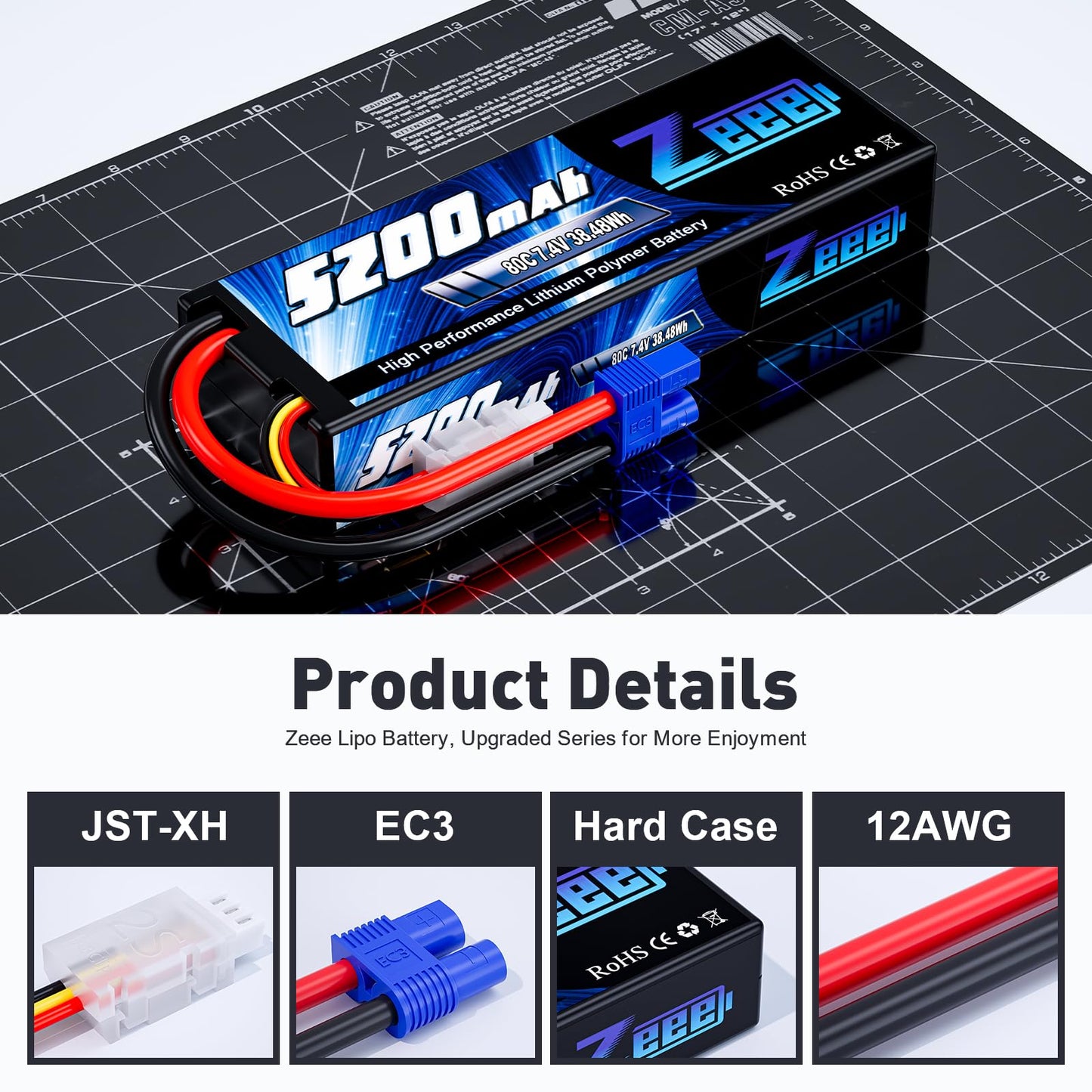 Zeee 7.4V 2S Lipo Battery 5200mAh 80C Hard Case Battery with EC3 Plug for 1/8 1/10 RC Vehicles Car RC Buggy Truggy RC Airplane D