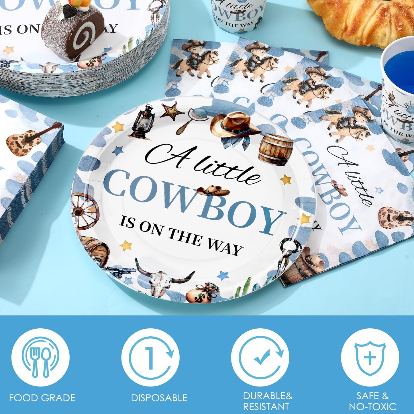 Hushee 200 Pcs a Little Cowboy Is on the Way Baby Shower Paper Plates Napkins Cups Cowboy Baby Shower Party Supplies Tableware S